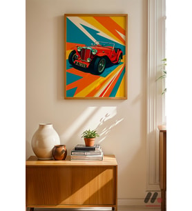 Klasik Kırmızı Roadster Pop Art, Ahşap Çerçeveli Duvar Tablosu - Oto Severlere Özel