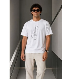 Erkek Minimal Gitar Baskılı Tişört T-Shirt Yazlık Kısa Kol Bisiklet Yaka T-Shirt - Beyaz