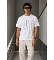 Erkek Minimal Gitar Baskılı Tişört T-Shirt Yazlık Kısa Kol Bisiklet Yaka T-Shirt - Beyaz