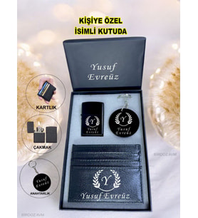 Kişiye Özel İsimli Harf Tasarım Benzinli Lüks Çakmak & Kartlık & Anahtarlık 3Lü Hediye Set Özel Kutu
