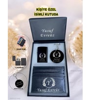 Kişiye Özel İsimli Harf Tasarım Benzinli Lüks Çakmak & Kartlık & Anahtarlık 3Lü Hediye Set Özel Kutu