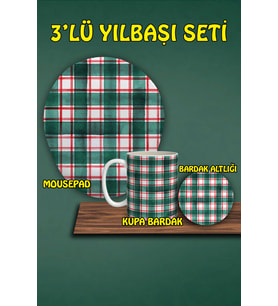 Yılbaşı Temalı 3'lü Bilek Destekli Mousepad Kupa Ve Bardak Altlığı Seti