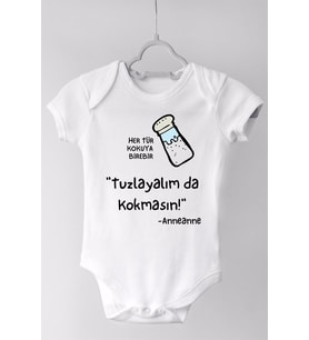 Unisex Bebek Beyaz Tuzlayalım Da Kokma Kısa Kollu Pamuklu Çıtçıtlı Body