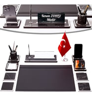 11 Parça Türk Bayraklı Mermer Desen Ahşap Sümen Takımı Masa İsimliği Deri Sümen Seti - Gümüş