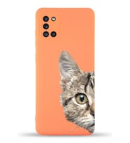 Samsung Galaxy A31 Uyumlu Lansman Kılıf Catface Tasarımlı İçi Kadife Kapak-Turuncu (Şeffaf)