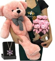 Premium Hediye Seti - Ametist Taşlı Lotus Kolye, 7'li Ayıcık Buketi ve Pembe Peluş Ayıcık (Model 5)