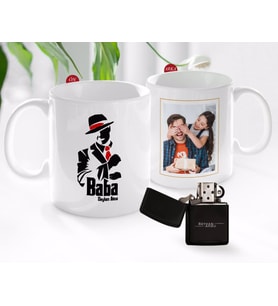BK Gift Kişiye Özel Babalar Günü Hediyesi Fotoğraflı Kupa Bardak ve Benzinli Çakmak Seti-13 (Model 1)