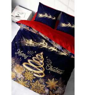 Yılbaşı Nevresim Takım %100 Doğal Pamuk Merry Christmas Çift Kişilik Gold Red