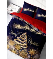 Yılbaşı Nevresim Takım %100 Doğal Pamuk Merry Christmas Çift Kişilik Gold Red