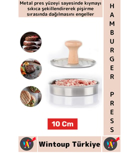 Uzun Ömürlü Ergonomik Tutuş Ahşap Saplı Izgara Çizgili Mutfak Kıyma Köfte Hamburger Press 10 Cm