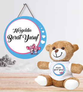 Kişiye Özel Bebek Kapı Süsü ve Peluş Ayıcık Seti – Baby Shower / Hastane Odası