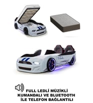 Beyaz Bazalı Arabalı Yatak Kapıları Açılan Mustang Full Ledli Kumandalı ve Müzikli+ Ortopedik Yatak