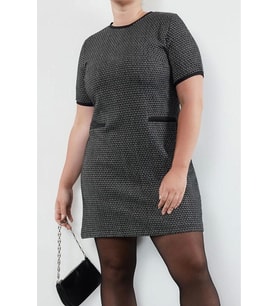 Moda Stil Relaxed Bisiklet Yaka Midi Boy Büyük Beden Tüvit Ekose Fermuarlı Şık Dokuma Elbise (Siyah)