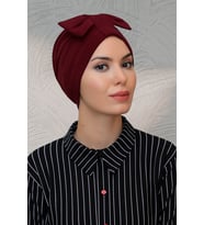 Bordo Pratik Hazır Geçmeli Tesettür Bone Sandy Kumaş Fiyonklu Büzgülü 7010_16