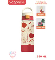 550 ML Desenli Tek Kapak Çift Kullanım Pipetli Rahat İçim Kulplu Paslanmaz Çelik Termos 1109-550ML