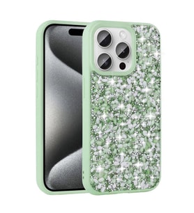 iPhone 15 Pro Max Kılıf Parlak Taşlı Tasarım Linea Kapak (Açık Yeşil)