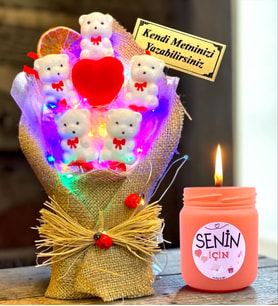 Kişiye Özel Renkli Led Işıklı Ayıcık Buketi ve Turuncu Kokulu Mum Hediye Seti