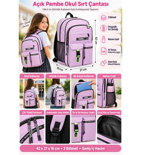 Okul Sırt Çantası Açık Pembe 3 Bölmeli Ortopedik Matara Cepli 42x27x16cm