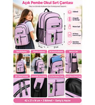 Okul Sırt Çantası Açık Pembe 3 Bölmeli Ortopedik Matara Cepli 42x27x16cm