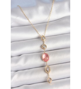 Pirinç Zincir Pembe Gold Renk Zirkon Taşlı Y Kolye - TJ-BKO10231