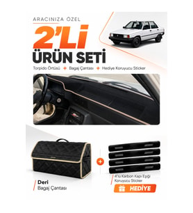 RENAULT 9 SPRİNG (1991-1996) Uyumlu Torpido Örtüsü + Deri Bagaj Çantası + Sticker Seti - Siyah Bej