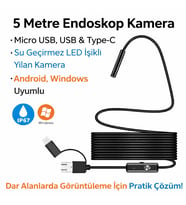 5 Metre Endoskop Kamera Su Geçirmez LED Işıklı Boroskop Yılan Kamera Android Uyumlu Micro+USB+Type-C