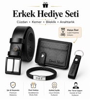 Kişiye Özel İsim Yazılı 4'lü Erkek Hediye Seti Cüzdan Kemer Bileklik Anahtarlık Lazer Kazımalı Premium Hediye