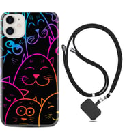 Apple iPhone 11 12 13 Mini Kılıf Boyun Askılı Silikon Neon Cats 1790