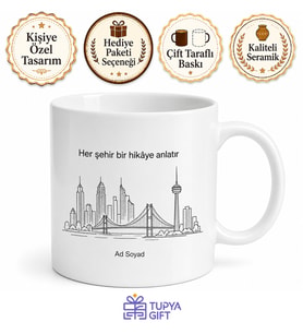 Şehir Silüetli Minimal Baskılı Kupa Bardak Hediye Özel Tasarım Porselen Mug
