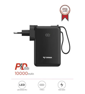 Torima TRM-1017 Siyah 10000 mAh Type-C Taşınabilir 22,5 W Hızlı Şarj Dijital Göstergeli Powerbank