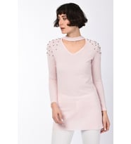 8490995 Yumoş Omuzu İncili V Yaka Boğazı Bantlı Bluz PUDRA