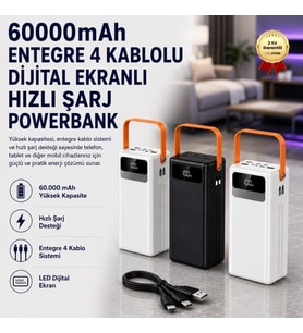 60000mAh Entegre 4 Kablolu Powerbank Dijital Ekranlı LED Fenerli Hızlı Şarj Taşınabilir Şarj Cihazı