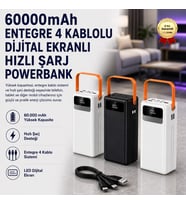 60000mAh Entegre 4 Kablolu Powerbank Dijital Ekranlı LED Fenerli Hızlı Şarj Taşınabilir Şarj Cihazı