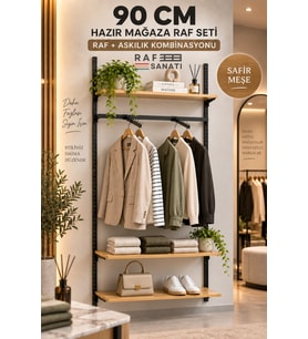 90 cm Duvar Raf Askılık Sistemi 3 Raflı 200 cm Konik Dikme Hazır Set Safir Meşe