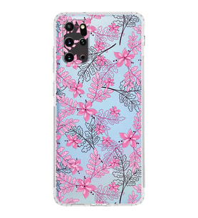 Samsung Galaxy S20 Plus  Kamera Korumalı Kapak Floral Pembe Tasarımlı  Şeffaf  Kılıf