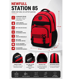 NEWFULL STATİON 85 ASTARLI SIRT VE OKUL ÇANTASI-LAPTOP BÖLMELİ (Kırmızı)