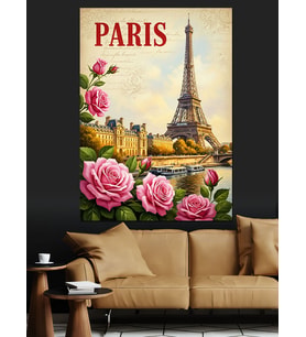 Gül Çiçekli Eyfel Kulesi Paris Dekoratif Kanvas - Mdf Ahşap Tablo