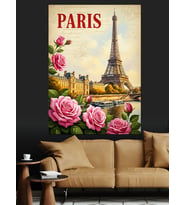 Gül Çiçekli Eyfel Kulesi Paris Dekoratif Kanvas - Mdf Ahşap Tablo