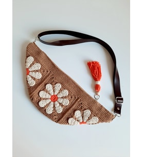 Elchandmade Tığ İşi Örgü Papatya Motifli Bej Freebag Çanta