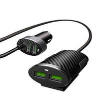 Araba Araç İçi Ön ve Arka Koltuk Uzatmalı (1.2 Metre) 4 USB Girişli Çakmaklık Şarj Adaptörü Başlığı (Siyah)