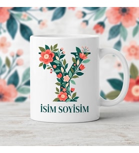 Kişiye Özel Baş Harf ve İsim Yazılı Çiçek Motiflili Y Harfli Seramik Kupa Bardak