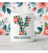 Kişiye Özel Baş Harf ve İsim Yazılı Çiçek Motiflili Y Harfli Seramik Kupa Bardak
