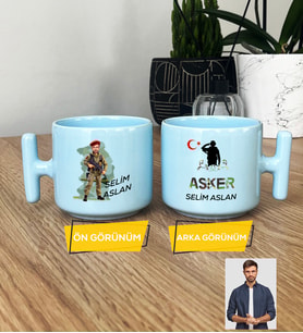 Kişiye Özel Karikatürlü Asker Pastel T Kupa Askere Hediye Asker Sevgiliye Hediye (Mavi)