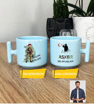 Kişiye Özel Karikatürlü Asker Pastel T Kupa Askere Hediye Asker Sevgiliye Hediye (Mavi)
