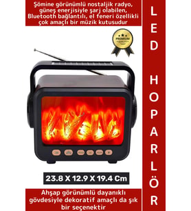 Premium Retro Dekoratif Ahşap Görünüm LED Nostaljik Şömine Tasarımlı Solar Şarjlı Bluetooth Hoparlör