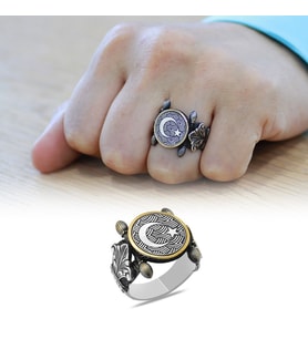 Otantik Tasarım Ayyıldız Motifli 925 Ayar Gümüş Erkek Yüzük (Siyah-Gri)