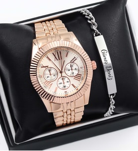 Spectrum Michael Kors Tarzı Rose Renk Metal Kordon Erkek Kol Saati & Kişiye Özel Gümüş Renk Çelik Bileklik Hediye Seti