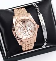 Spectrum Michael Kors Tarzı Rose Renk Metal Kordon Erkek Kol Saati & Kişiye Özel Gümüş Renk Çelik Bileklik Hediye Seti