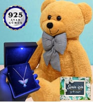 Işıklı Kutusunda 925 Ayar Gümüş Kolye ve 80cm Kahve Peluş Ayıcık (Model 2)