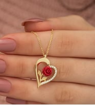 925 Ayar Gold Kırmızı Gül Kalp Kadın Gümüş Kolye
